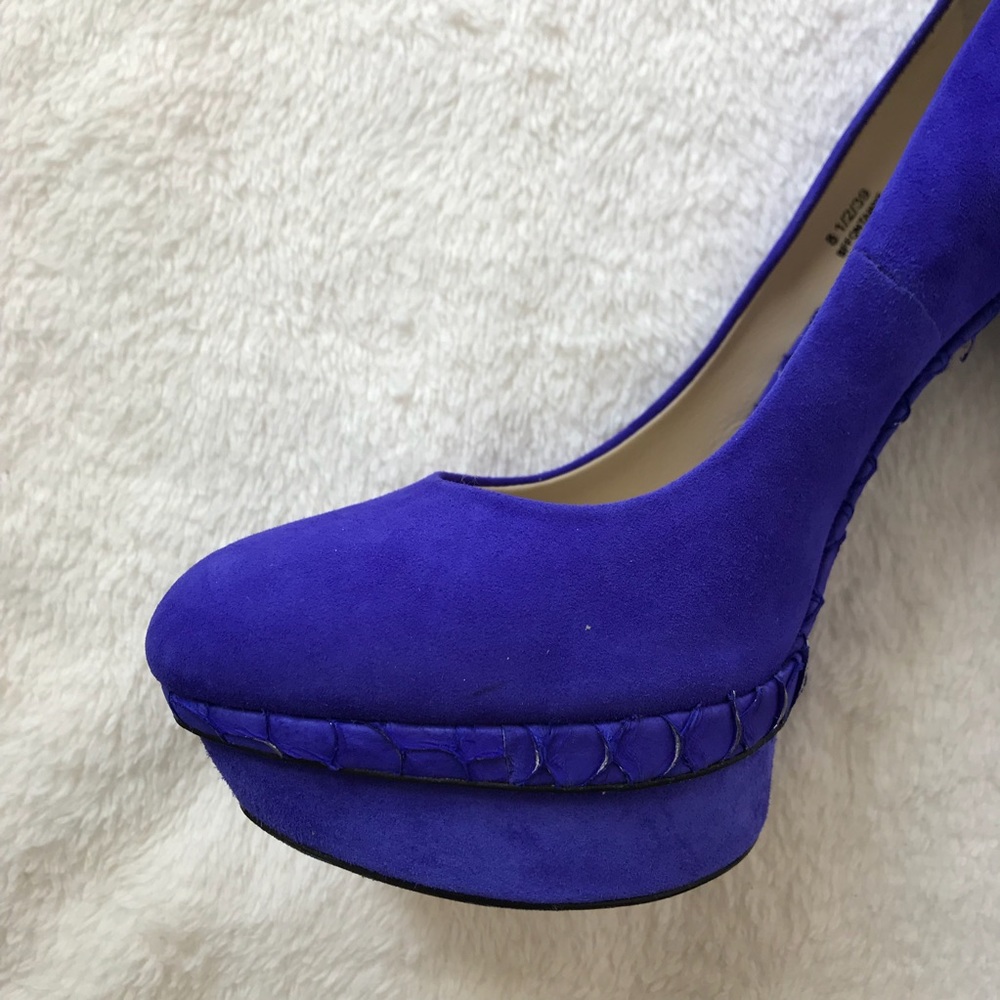 B Brian Atwood Fontanne Purple Ultra Violet Suede and Snake Print Leather Heels - Picture 9 of 13